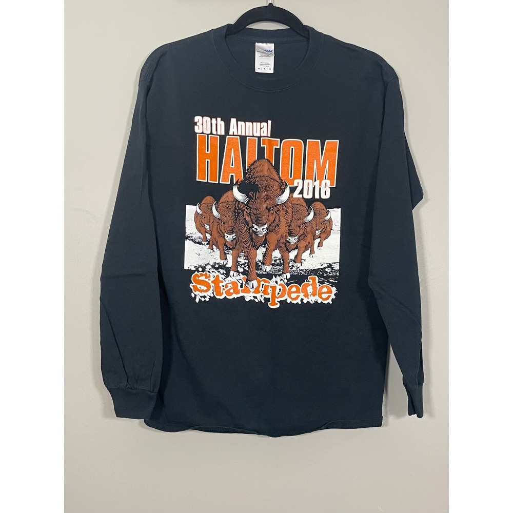Gildan Long Sleeve T-Shirt Mens Medium 2016 Haltom Stampede 5K Race Graphic